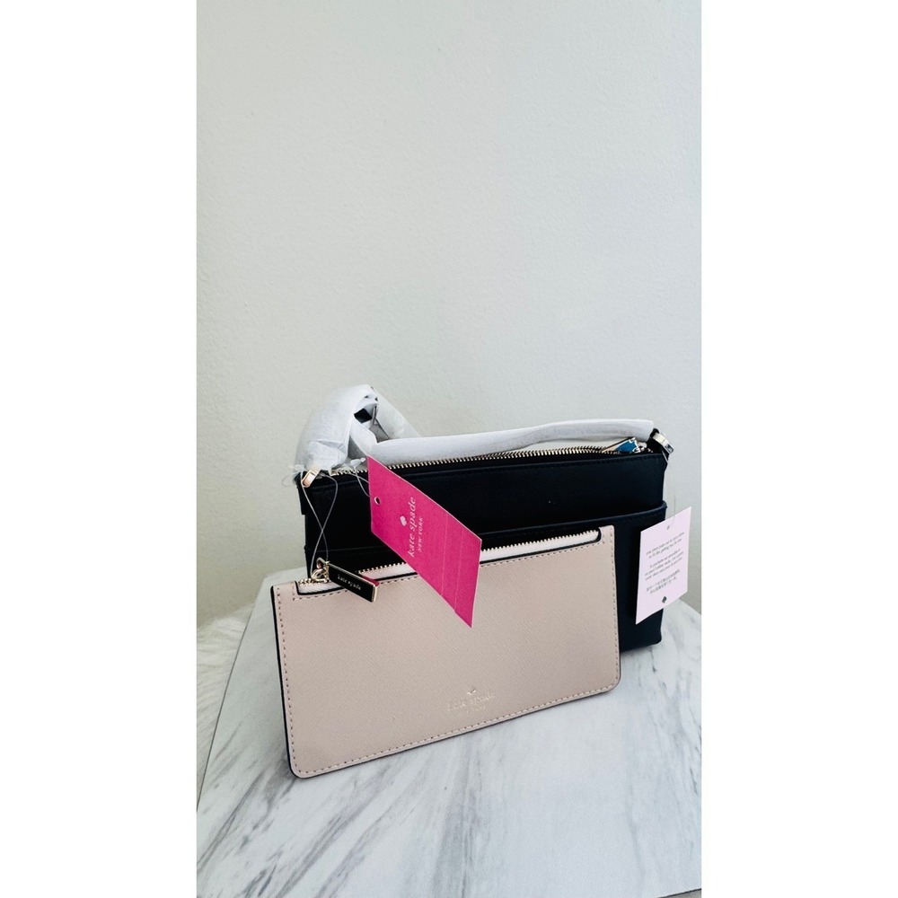 Kate Spade‎ Textured Leather Crossbody Bag with Removable Pouch, Black/Pink, NWT